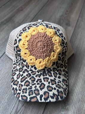 Crochet Sunflower Leopard Baseball Hat; Handmade Flower Animal Print Hat